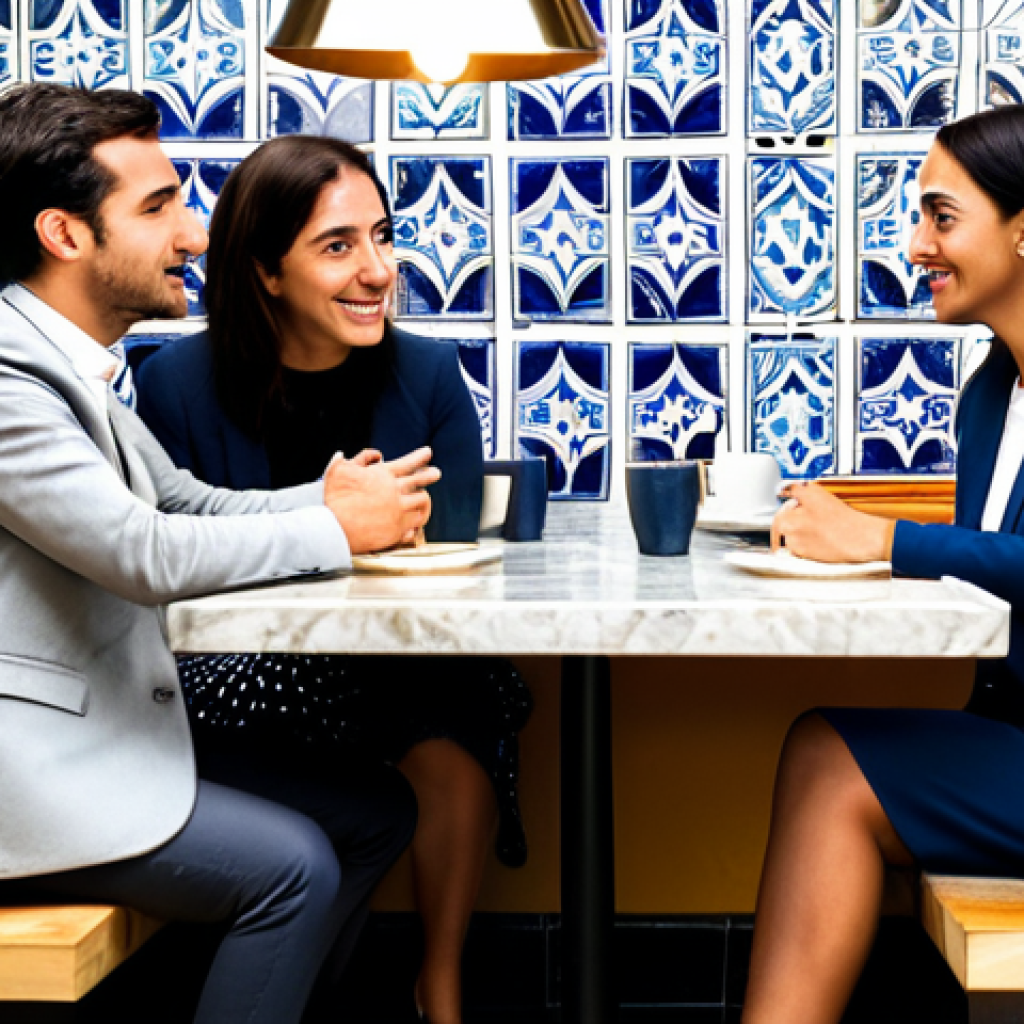 **

A group of diverse professionals, fully clothed in modest business attire, engaging in a respectful discussion around a table in a well-lit Lisbon cafe. The cafe has a traditional Portuguese aesthetic with azulejo tiles. Safe for work, appropriate content, professional environment, perfect anatomy, correct proportions, well-formed hands, proper finger count, natural body proportions, family-friendly scene, high quality.

**