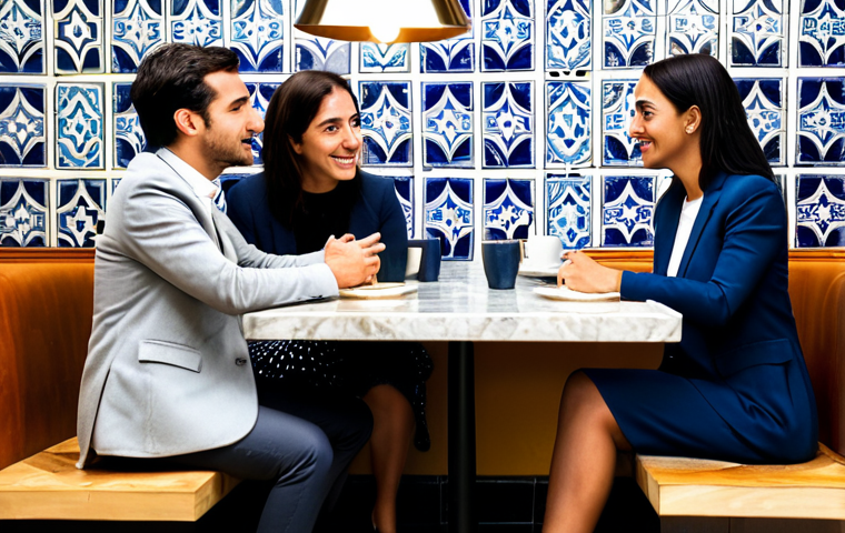 **

A group of diverse professionals, fully clothed in modest business attire, engaging in a respectful discussion around a table in a well-lit Lisbon cafe. The cafe has a traditional Portuguese aesthetic with azulejo tiles. Safe for work, appropriate content, professional environment, perfect anatomy, correct proportions, well-formed hands, proper finger count, natural body proportions, family-friendly scene, high quality.

**