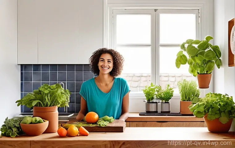 주제에 대한 다양한 의견 모으는 방법 - **Sustainable Kitchen Scene: Composting and Local Produce**
    A bright, inviting kitchen in a Port...