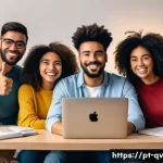 감정 관리와 온라인 토론의 관계 - A diverse group of young adults engaging in a calm and respectful online video conference call, with...