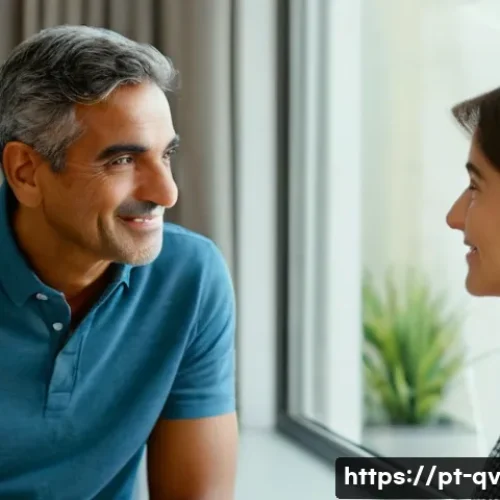 토론 중 불만 제기를 위한 방법 - A calm, warm indoor setting showing two adult Portuguese-speaking individuals engaged in a respectfu...