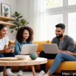 온라인 토론을 위한 정서적 지능 개발 - A diverse group of young adults engaged in a thoughtful online discussion on their laptops and smart...