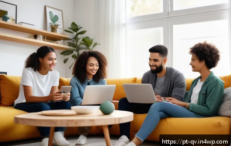 온라인 토론을 위한 정서적 지능 개발 - A diverse group of young adults engaged in a thoughtful online discussion on their laptops and smart...