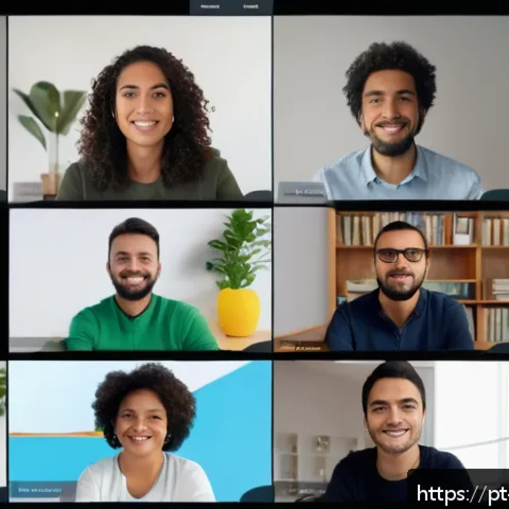 생산적인 온라인 토론을 위한 기본 원칙 - A diverse group of adults engaged in a respectful online video conference, each person appearing tho...