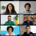 생산적인 온라인 토론을 위한 기본 원칙 - A diverse group of adults engaged in a respectful online video conference, each person appearing tho...