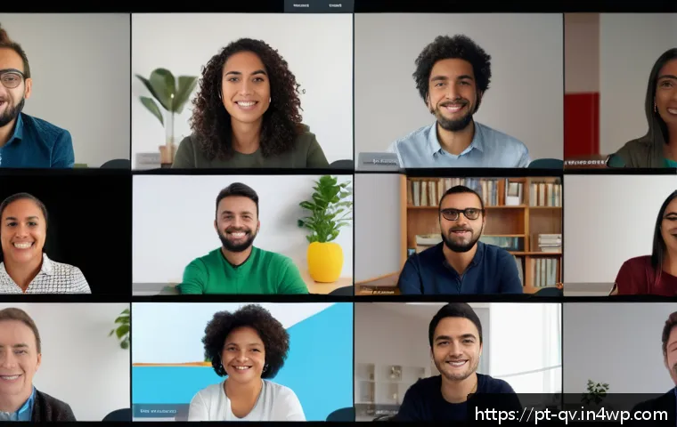생산적인 온라인 토론을 위한 기본 원칙 - A diverse group of adults engaged in a respectful online video conference, each person appearing tho...